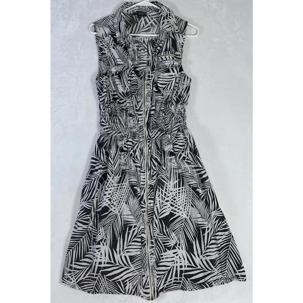 Women's J Glee Green Safari Palm Print V-neck Dress Elastic Waist Zipper Size 2X